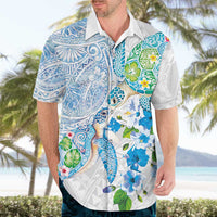 Hawaiian Couple Turtles Honi Hawaiian Shirt Polynesian Art Motifs and Hibiscus White Blue Color LT03 - Polynesian Pride