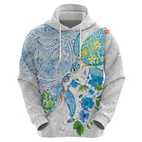 Hawaiian Couple Turtles Honi Hoodie Polynesian Art Motifs and Hibiscus White Blue Color LT03 - Polynesian Pride