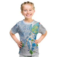Hawaiian Couple Turtles Honi Kid T Shirt Polynesian Art Motifs and Hibiscus White Blue Color LT03 White - Polynesian Pride
