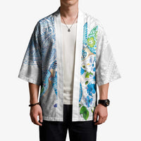 Hawaiian Couple Turtles Honi Kimono Polynesian Art Motifs and Hibiscus White Blue Color LT03 - Polynesian Pride