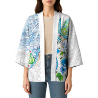 Hawaiian Couple Turtles Honi Kimono Polynesian Art Motifs and Hibiscus White Blue Color LT03 - Polynesian Pride