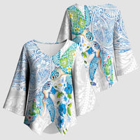 Hawaiian Couple Turtles Honi Kimono Sleeve Blouse Polynesian Art Motifs and Hibiscus White Blue Color LT03 - Polynesian Pride
