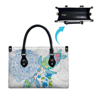 Hawaiian Couple Turtles Honi Leather Bag Polynesian Art Motifs and Hibiscus White Blue Color LT03 - Polynesian Pride