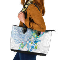 Hawaiian Couple Turtles Honi Leather Tote Bag Polynesian Art Motifs and Hibiscus White Blue Color LT03 White - Polynesian Pride