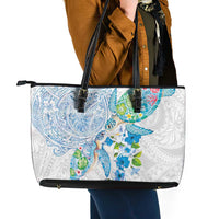Hawaiian Couple Turtles Honi Leather Tote Bag Polynesian Art Motifs and Hibiscus White Blue Color LT03 - Polynesian Pride