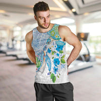 Hawaiian Couple Turtles Honi Men Tank Top Polynesian Art Motifs and Hibiscus White Blue Color LT03 White - Polynesian Pride