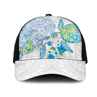 Hawaiian Couple Turtles Honi Mesh Trucker Cap Polynesian Art Motifs and Hibiscus White Blue Color LT03 One Size Black White - Polynesian Pride