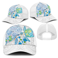 Hawaiian Couple Turtles Honi Mesh Trucker Cap Polynesian Art Motifs and Hibiscus White Blue Color LT03 - Polynesian Pride