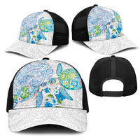 Hawaiian Couple Turtles Honi Mesh Trucker Cap Polynesian Art Motifs and Hibiscus White Blue Color LT03 - Polynesian Pride
