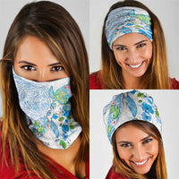 Hawaiian Couple Turtles Honi Neck Gaiter Polynesian Art Motifs and Hibiscus White Blue Color LT03 - Polynesian Pride