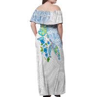 Hawaiian Couple Turtles Honi Off Shoulder Maxi Dress Polynesian Art Motifs and Hibiscus White Blue Color LT03 - Polynesian Pride