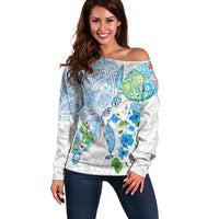 Hawaiian Couple Turtles Honi Off Shoulder Sweater Polynesian Art Motifs and Hibiscus White Blue Color LT03 Women White - Polynesian Pride