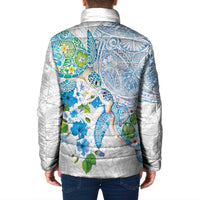 Hawaiian Couple Turtles Honi Padded Jacket Polynesian Art Motifs and Hibiscus White Blue Color LT03 - Polynesian Pride