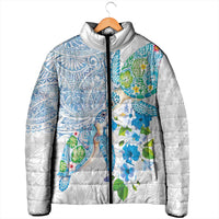 Hawaiian Couple Turtles Honi Padded Jacket Polynesian Art Motifs and Hibiscus White Blue Color LT03 - Polynesian Pride