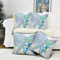 Hawaiian Couple Turtles Honi Pillow Cover Polynesian Art Motifs and Hibiscus White Blue Color LT03 - Polynesian Pride