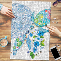 Hawaiian Couple Turtles Honi Puzzle Polynesian Art Motifs and Hibiscus White Blue Color LT03 White - Polynesian Pride