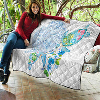 Hawaiian Couple Turtles Honi Quilt Polynesian Art Motifs and Hibiscus White Blue Color LT03 - Polynesian Pride