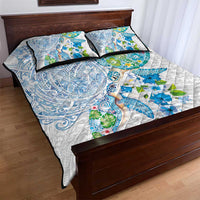 Hawaiian Couple Turtles Honi Quilt Bed Set Polynesian Art Motifs and Hibiscus White Blue Color LT03 - Polynesian Pride