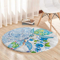 Hawaiian Couple Turtles Honi Round Carpet Polynesian Art Motifs and Hibiscus White Blue Color LT03 - Polynesian Pride