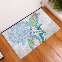 Hawaiian Couple Turtles Honi Rubber Doormat Polynesian Art Motifs and Hibiscus White Blue Color LT03 - Polynesian Pride