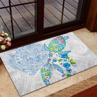 Hawaiian Couple Turtles Honi Rubber Doormat Polynesian Art Motifs and Hibiscus White Blue Color LT03 - Polynesian Pride