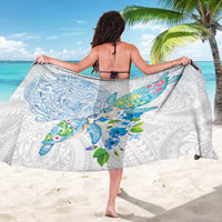 Hawaiian Couple Turtles Honi Sarong Polynesian Art Motifs and Hibiscus White Blue Color LT03 - Polynesian Pride