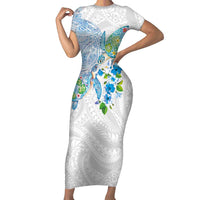 Hawaiian Couple Turtles Honi Short Sleeve Bodycon Dress Polynesian Art Motifs and Hibiscus White Blue Color LT03 Long Dress White - Polynesian Pride