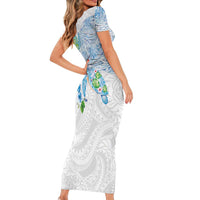 Hawaiian Couple Turtles Honi Short Sleeve Bodycon Dress Polynesian Art Motifs and Hibiscus White Blue Color LT03 - Polynesian Pride