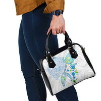Hawaiian Couple Turtles Honi Shoulder Handbag Polynesian Art Motifs and Hibiscus White Blue Color LT03 - Polynesian Pride