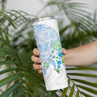 Hawaiian Couple Turtles Honi Skinny Tumbler Polynesian Art Motifs and Hibiscus White Blue Color LT03 - Polynesian Pride