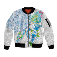 Hawaiian Couple Turtles Honi Sleeve Zip Bomber Jacket Polynesian Art Motifs and Hibiscus White Blue Color LT03 Unisex White - Polynesian Pride
