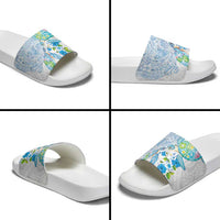 Hawaiian Couple Turtles Honi Slide Sandals Polynesian Art Motifs and Hibiscus White Blue Color LT03 - Polynesian Pride