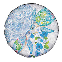 Hawaiian Couple Turtles Honi Spare Tire Cover Polynesian Art Motifs and Hibiscus White Blue Color LT03 - Polynesian Pride