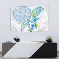 Hawaiian Couple Turtles Honi Tapestry Polynesian Art Motifs and Hibiscus White Blue Color LT03 - Polynesian Pride