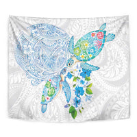 Hawaiian Couple Turtles Honi Tapestry Polynesian Art Motifs and Hibiscus White Blue Color LT03 - Polynesian Pride