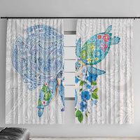 Hawaiian Couple Turtles Honi Window Curtain Polynesian Art Motifs and Hibiscus White Blue Color LT03 With Hooks White - Polynesian Pride