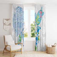 Hawaiian Couple Turtles Honi Window Curtain Polynesian Art Motifs and Hibiscus White Blue Color LT03 - Polynesian Pride