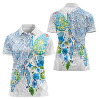Hawaiian Couple Turtles Honi Women Polo Shirt Polynesian Art Motifs and Hibiscus White Blue Color LT03 - Polynesian Pride