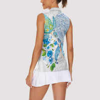 Hawaiian Couple Turtles Honi Women Sleeveless Polo Shirt Polynesian Art Motifs and Hibiscus White Blue Color LT03 - Polynesian Pride