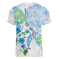 Hawaiian Couple Turtles Honi Women V-Neck T-Shirt Polynesian Art Motifs and Hibiscus White Blue Color LT03 - Polynesian Pride