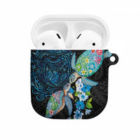 Hawaiian Couple Turtles Honi AirPods Case Polynesian Art Motifs and Hibiscus Black Blue Color LT03 Black - Polynesian Pride