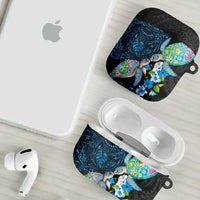 Hawaiian Couple Turtles Honi AirPods Case Polynesian Art Motifs and Hibiscus Black Blue Color LT03 - Polynesian Pride