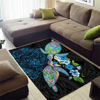 Hawaiian Couple Turtles Honi Area Rug Polynesian Art Motifs and Hibiscus Black Blue Color LT03 - Polynesian Pride