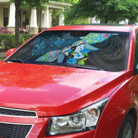 Hawaiian Couple Turtles Honi Auto Sun Shade Polynesian Art Motifs and Hibiscus Black Blue Color LT03 - Polynesian Pride