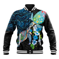 Hawaiian Couple Turtles Honi Baseball Jacket Polynesian Art Motifs and Hibiscus Black Blue Color LT03 Unisex Black - Polynesian Pride
