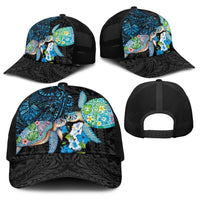 Hawaiian Couple Turtles Honi Baseball Net Cap Polynesian Art Motifs and Hibiscus Black Blue Color LT03 - Polynesian Pride