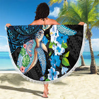 Hawaiian Couple Turtles Honi Beach Blanket Polynesian Art Motifs and Hibiscus Black Blue Color LT03 - Polynesian Pride