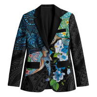 Hawaiian Couple Turtles Honi Blazer Polynesian Art Motifs and Hibiscus Black Blue Color LT03 Unisex Black - Polynesian Pride