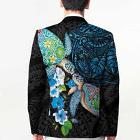 Hawaiian Couple Turtles Honi Blazer Polynesian Art Motifs and Hibiscus Black Blue Color LT03 - Polynesian Pride