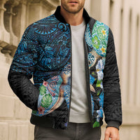 Hawaiian Couple Turtles Honi Bomber Puffer Jacket Polynesian Art Motifs and Hibiscus Black Blue Color LT03 - Polynesian Pride